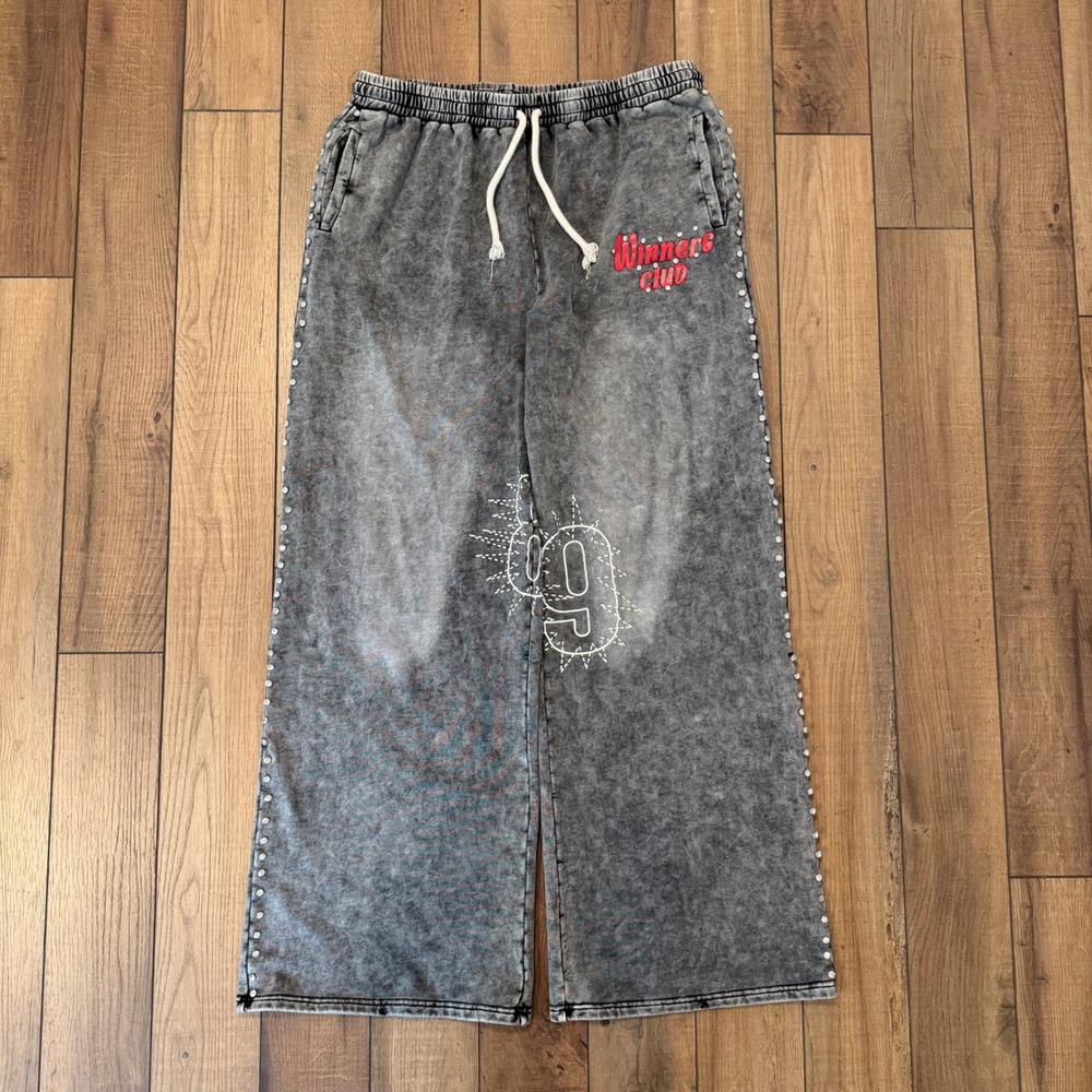 AKIRA Winners Club Wide Leg Jogger Pants 1X Plus Gray Acid Wash Rhinestone Y2K